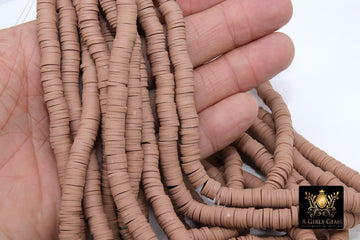 2 Strands 8 mm Clay Flat Beads, Dark Tan Heishi beads in Polymer Clay Disc CB #117, Tan Rondelle Multi Color, 17.75 inch Strands - A Girls Gems